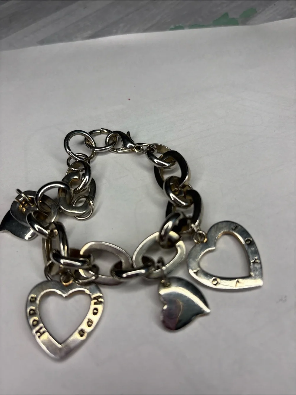 Chunky Heart Charm Bracelet Hope Joy Inspirational Silver Tone Jewelry